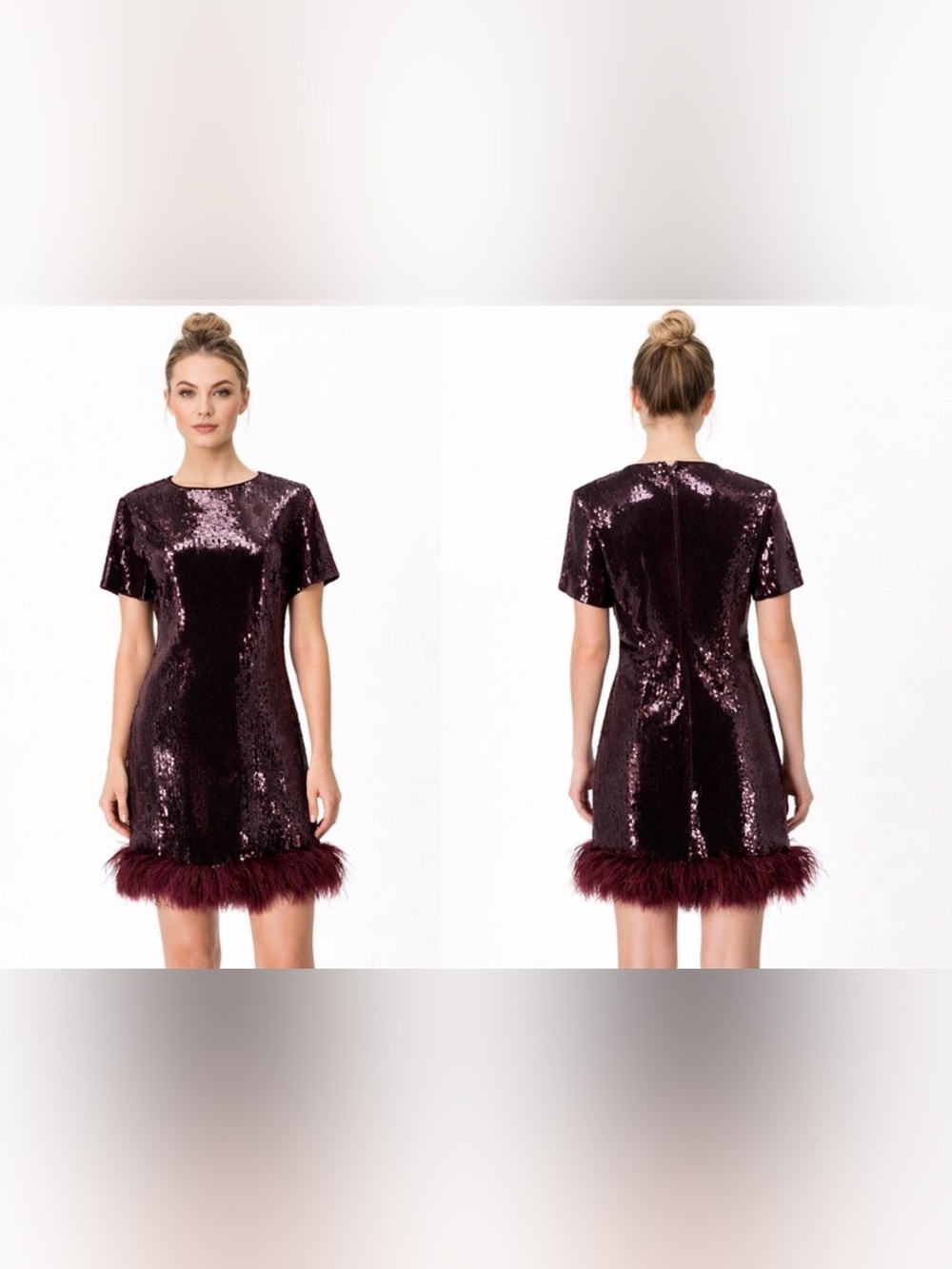 Express Maroon Sequin Feather-Hem Short Sleeve Dress